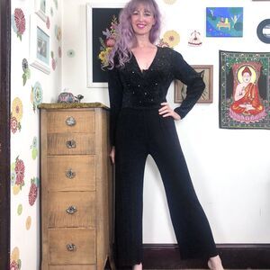 Vintage Cache Jumpsuit, 1990s Black Wide Leg Rhinestone Glam Pant Suit Sz S-L